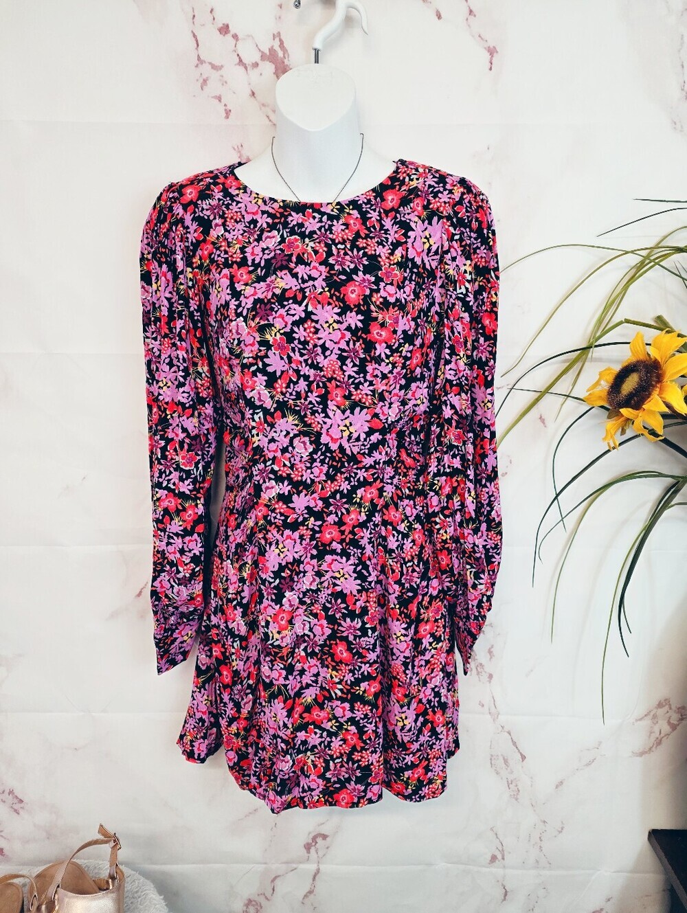 Zara Floral Cutout Back Mini Dress NWT Long Sleeve Pink Black Size S - Picture 4 of 7